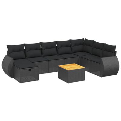 vidaXL Set Divani da Giardino 9 pz con Cuscini Nero in Polyrattan