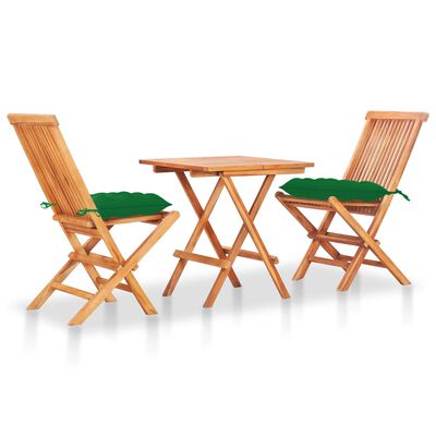 vidaXL Set da Bistrot 3 pz con Cuscini Verdi in Legno Massello di Teak