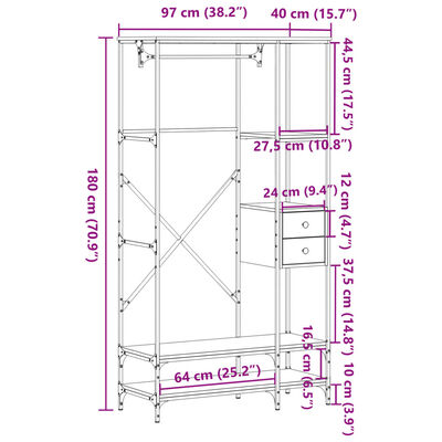 vidaXL Appendiabiti con Scaffali Grigio Sonoma in Legno Multistrato