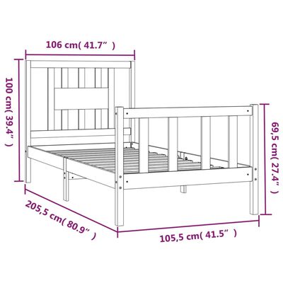 vidaXL Giroletto con Testiera Grigio Legno Massello di Pino 100x200 cm