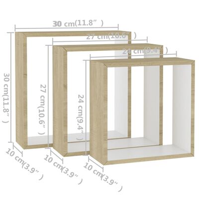 vidaXL Mensole a Cubo da Parete 3 pz Bianco Rovere Sonoma