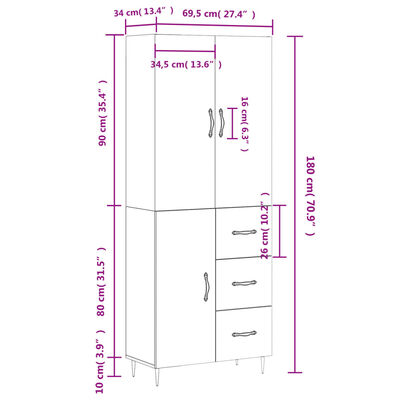 vidaXL Credenza Bianco Lucido 69,5x34x180 cm in Legno Multistrato