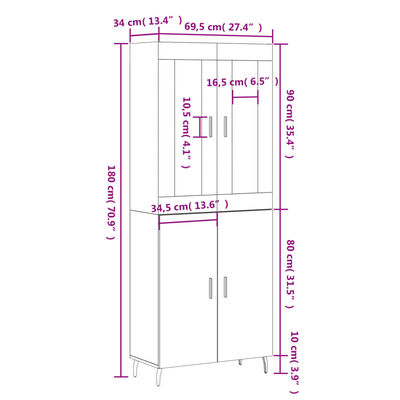 vidaXL Credenza Nera 69,5x34x180 cm in Legno Multistrato