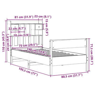 vidaXL Letto Libreria senza Materasso Marrone Cera 75x190 cm in Pino