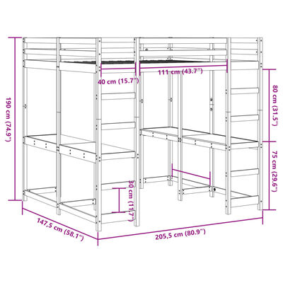 vidaXL Letto Soppalco con Scrivania e Scala 140x200 cm Massello Pino