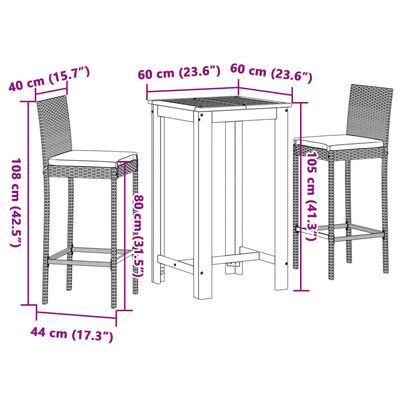 vidaXL Set Bar da Giardino 3 pz Grigio in Legno Acacia e Polyrattan