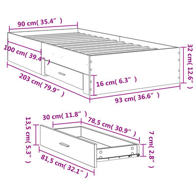 vidaXL Giroletto Cassetti Rovere Sonoma 90x200 cm Legno Multistrato