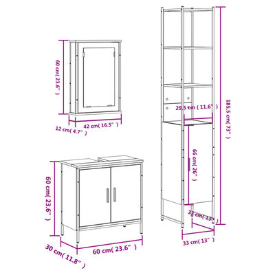 vidaXL Set Mobili da Bagno 3 pz Grigio Sonoma in Legno Multistrato