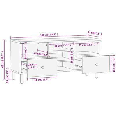 vidaXL Mobile Porta TV Nero 100x33x46 cm in Legno Massello di Mango