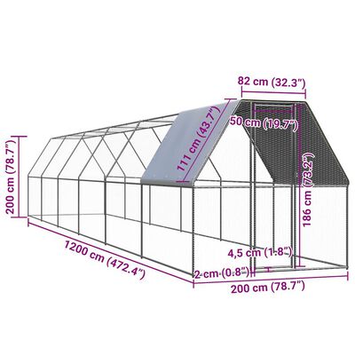 vidaXL Gabbia per Polli 2x12x2 m in Acciaio Zincato