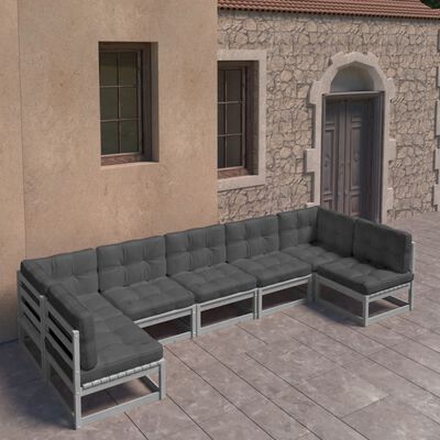 vidaXL Set Divani da Giardino 7 pz Grigio Cuscini Massello di Pino