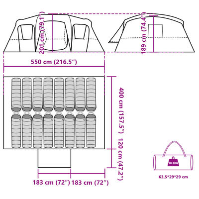 vidaXL Tenda Familiare a Tunnel per 16 Persone Blu Impermeabile