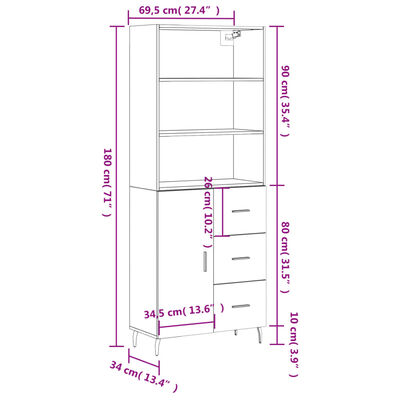 vidaXL Credenza Rovere Fumo 69,5x34x180 cm in Legno Multistrato