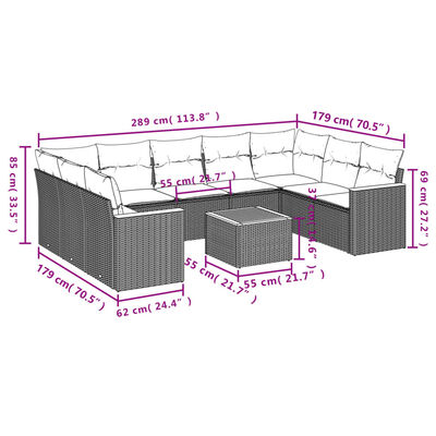 vidaXL Set Divani da Giardino 10pz con Cuscini in Polyrattan Nero