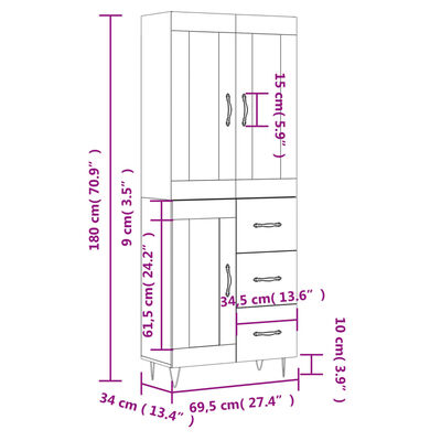 vidaXL Credenza Nera 69,5x34x180 cm in Legno Multistrato