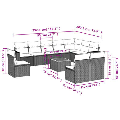 vidaXL Set Divani da Giardino 11 pz con Cuscini in Polyrattan Grigio