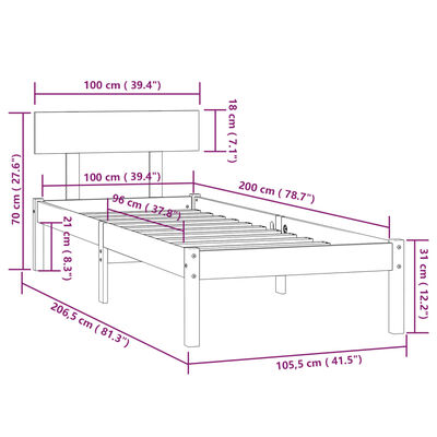 vidaXL Giroletto Nero in Legno Massello di Pino 100x200 cm