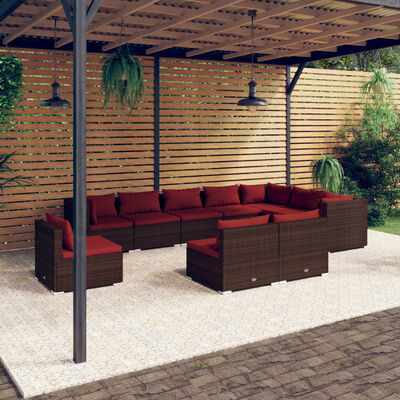 vidaXL Set Divani da Giardino 10 pz con Cuscini in Polyrattan Marrone