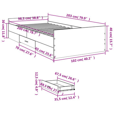 vidaXL Giroletto Cassetti Rovere Sonoma 100x200 cm Legno Multistrato