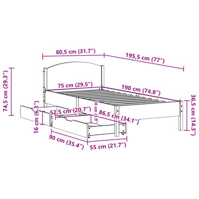 vidaXL Letto senza Materasso 75x190 cm in Legno Massello Pino