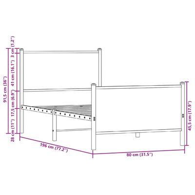 vidaXL Giroletto senza Materasso in Metallo Rovere Fumo 75x190 cm