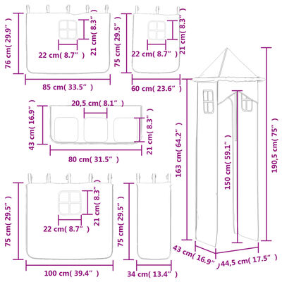 vidaXL Letto a Soppalco con Torre Bambini Rosa 80x200cm Massello Pino