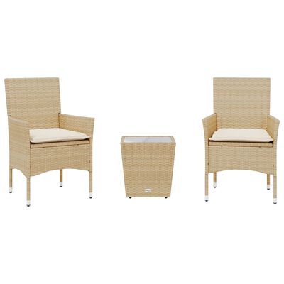 vidaXL Set da Bistrò 3 pz con Cuscini Beige Polyrattan e Vetro