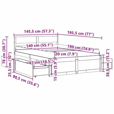 vidaXL Letto Cassetti e Materasso Bianco 140x190cm Legno Massello Pino