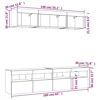 vidaXL Mobili TV a Muro con LED 5pz Neri in Legno Multistrato