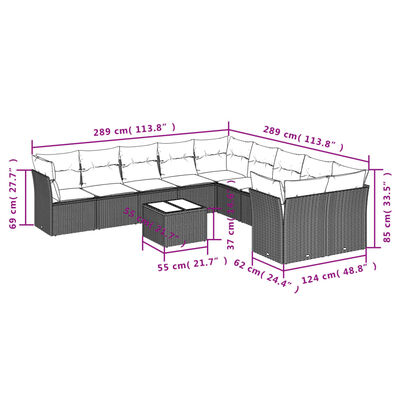 vidaXL Set Divani da Giardino 11 pz con Cuscini in Polyrattan Grigio