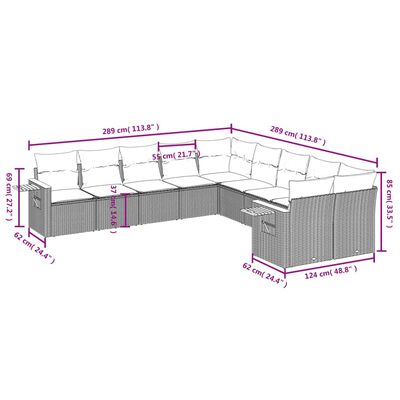 vidaXL Set Divano da Giardino 10 pz con Cuscini Grigio in Polyrattan