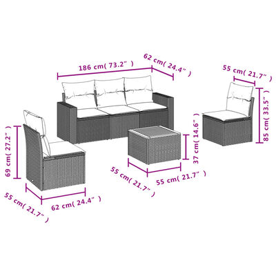 vidaXL Set Divano da Giardino 6 pz con Cuscini Nero in Polyrattan