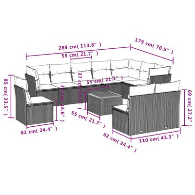 vidaXL Set Divani da Giardino 11 pz con Cuscini in Polyrattan Nero