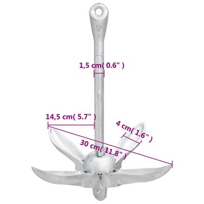 vidaXL Ancora Pieghevole con Corda Argento 1,5 kg in Ferro Malleabile