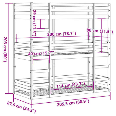 vidaXL Letto a Castello Triplo 80x200 cm in Legno Massello di Pino