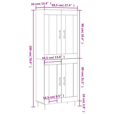 vidaXL Credenza Grigio Sonoma 69,5x34x180 cm in Legno Multistrato