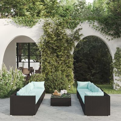 vidaXL Set Divani da Giardino 9 pz con Cuscini in Polyrattan Nero