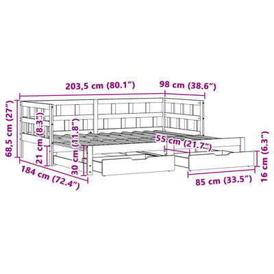 vidaXL Dormeuse con Letto Estraibile e Cassetti 90x200cm Massello Pino