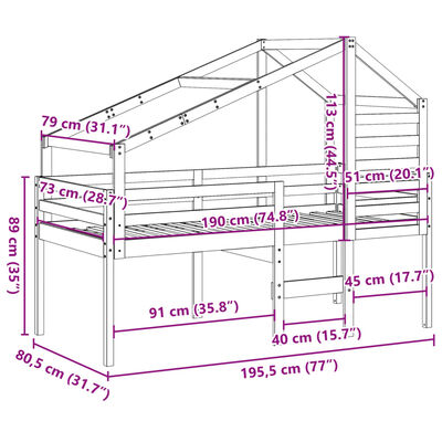 vidaXL Letto a Soppalco con Tetto Bianco 75x190 cm in Legno di Pino