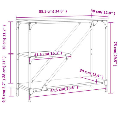 vidaXL Tavolino Consolle Grigio Sonoma 88,5x30x75 cm Legno Multistrato