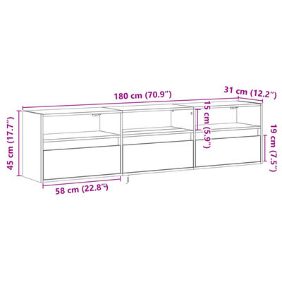 vidaXL Mobile TV a Parete con LED Grigio Sonoma 180x31x45 cm