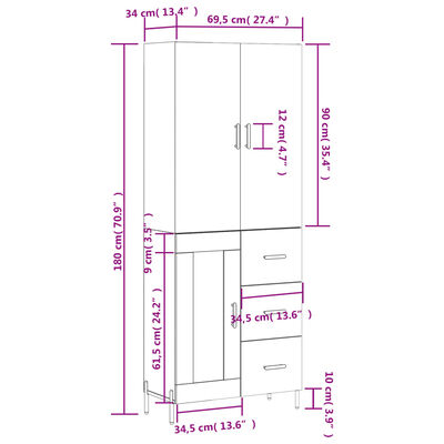 vidaXL Credenza Bianco Lucido 69,5x34x180 cm in Legno Multistrato