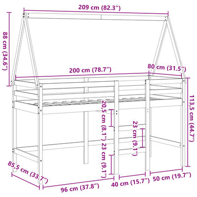 vidaXL Letto Soppalco con Scala e Tetto Bianco 80x200 cm Massello Pino