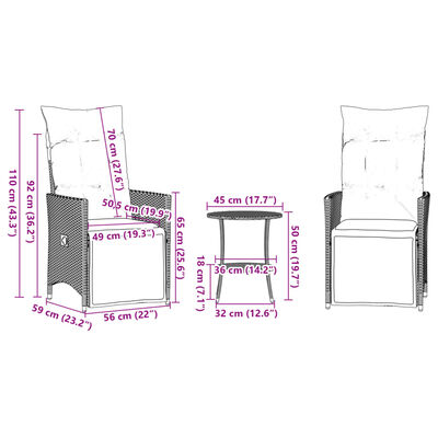 vidaXL Set da Bistrò 3 pz con Cuscini Nero in Polyrattan