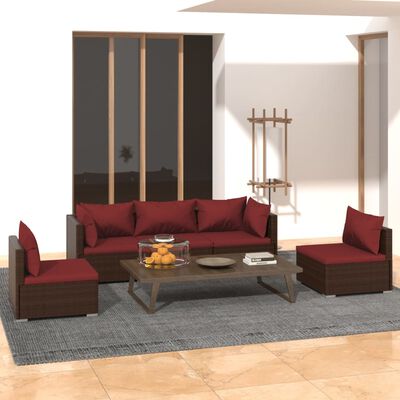 vidaXL Set Divani da Giardino 5 pz con Cuscini in Polyrattan Marrone