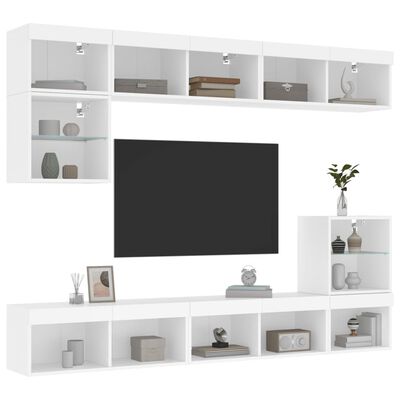 vidaXL Mobili TV a Muro con LED 8pz Bianchi in Legno Multistrato