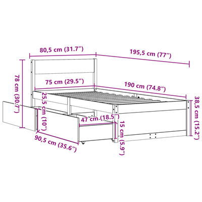 vidaXL Letto senza Materasso Bianco 75x190 in Legno Massello di Pino