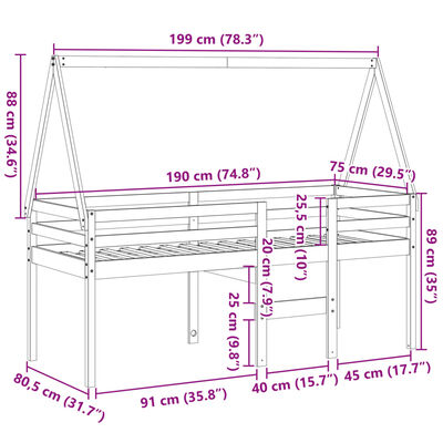 vidaXL Letto a Soppalco con Tetto Cera 75x190cm Legno Massello di Pino