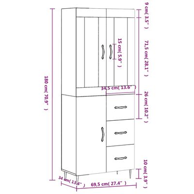 vidaXL Credenza Grigio Sonoma 69,5x34x180 cm in Legno Multistrato