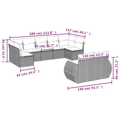 vidaXL Set Divano da Giardino 9pz con Cuscini Grigio Chiaro Polyrattan